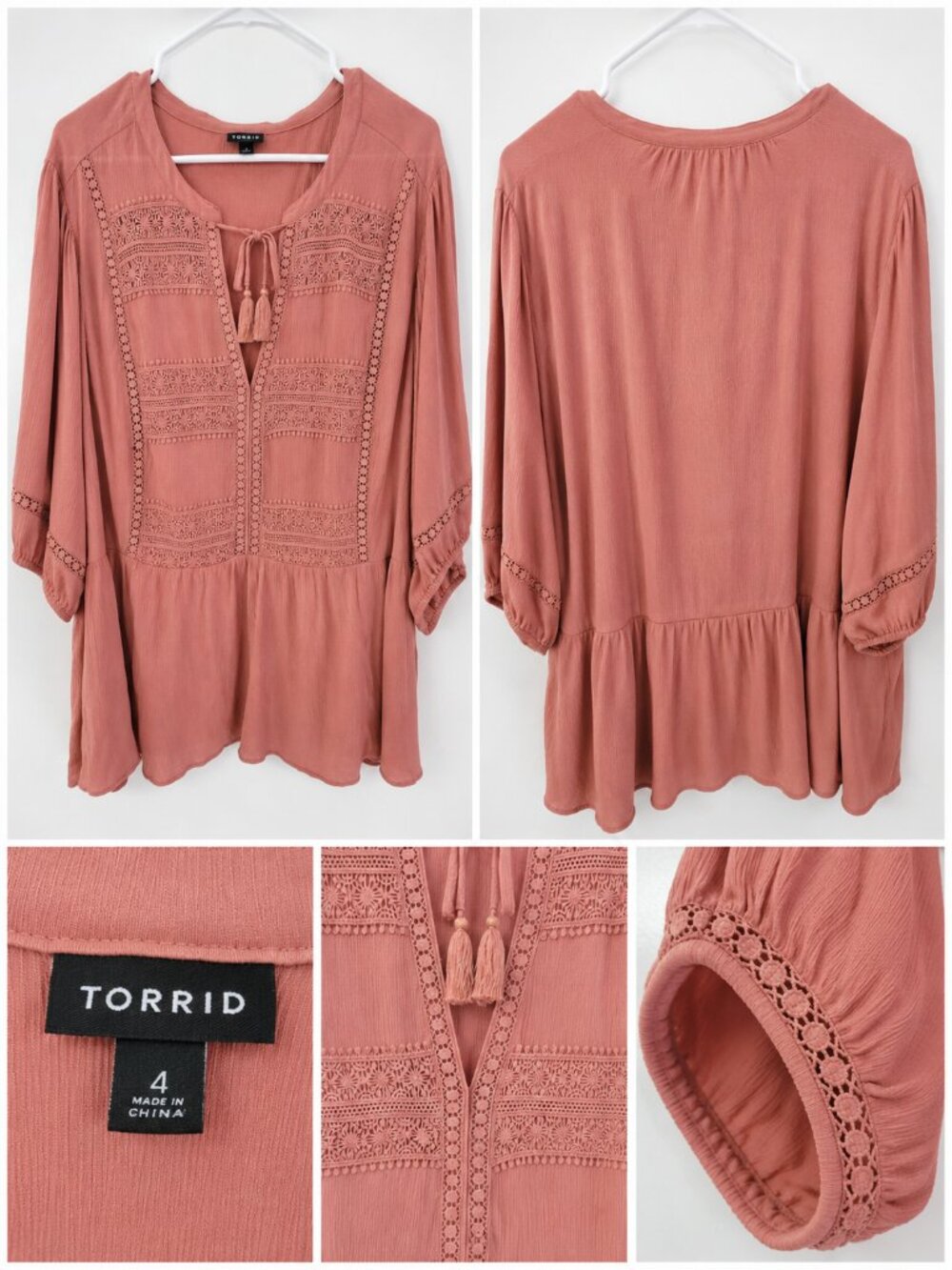 Torrid Crinkle Gauze Boho Top Light Mahogany Lace Size 4 4X
